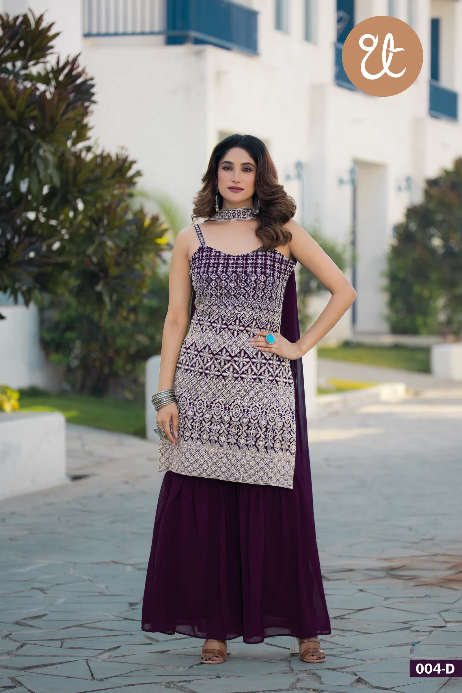 Tt 004 A to D Chinon Embroidery Readymade Suits Suppliers In India